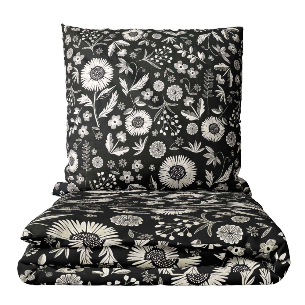 Premium satiinipussilakanasetti „Night Flowers“. Satiinipussilakanasetti, 140x200 cm, 200x200 cm, 200x220 cm