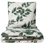 Premium satiinipussilakanasetti „Viridelle“. Vihreä pussilakanasetti, 140x200 cm, 150x210 cm, 160x200 cm, 180x200 cm, 200x200 cm, 200x220 cm. Vaalea pussilakanasetti vihreällä lehtikuviolla