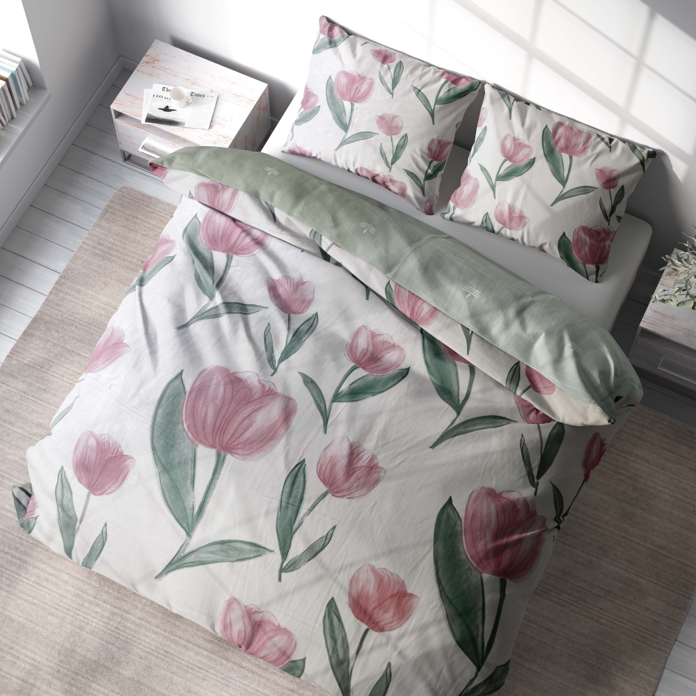 Premium satiinipussilakanasetti „Tuliplace“. Satiinipussilakanasetti, 140x200 cm