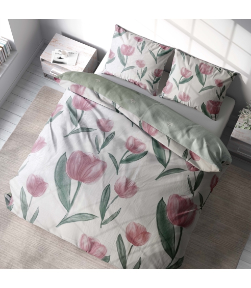 Premium satiinipussilakanasetti „Tuliplace“. Satiinipussilakanasetti