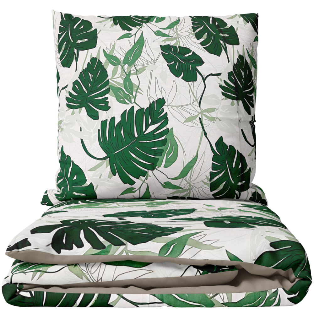 Premium satiinipussilakanasetti „Urban Jungle“. Satiinipussilakanasetti, 140x200 cm, 200x200 cm, 200x220 cm. Vuodevaatesetti näyttävällä vihreällä monstera-lehtikuviolla.