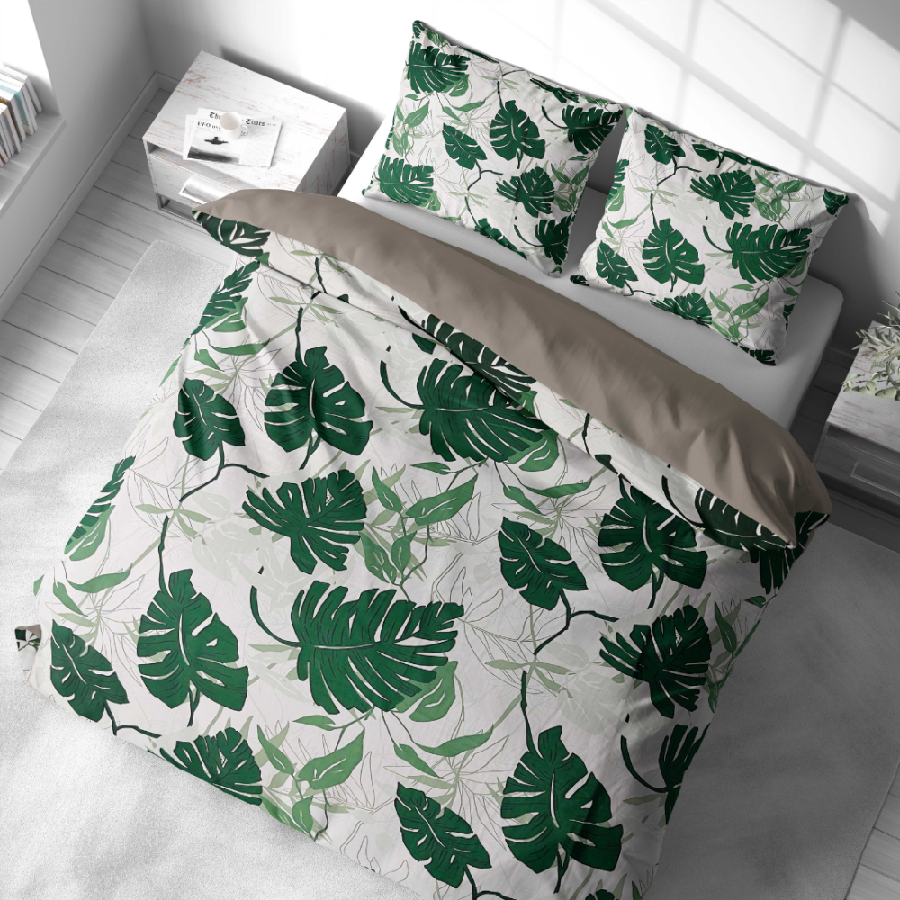 Premium satiinipussilakanasetti „Urban Jungle“. Satiinipussilakanasetti, 140x200 cm, 200x200 cm, 200x220 cm. Raikas ja tyylikäs vuodevaatedesign kasviaiheella.