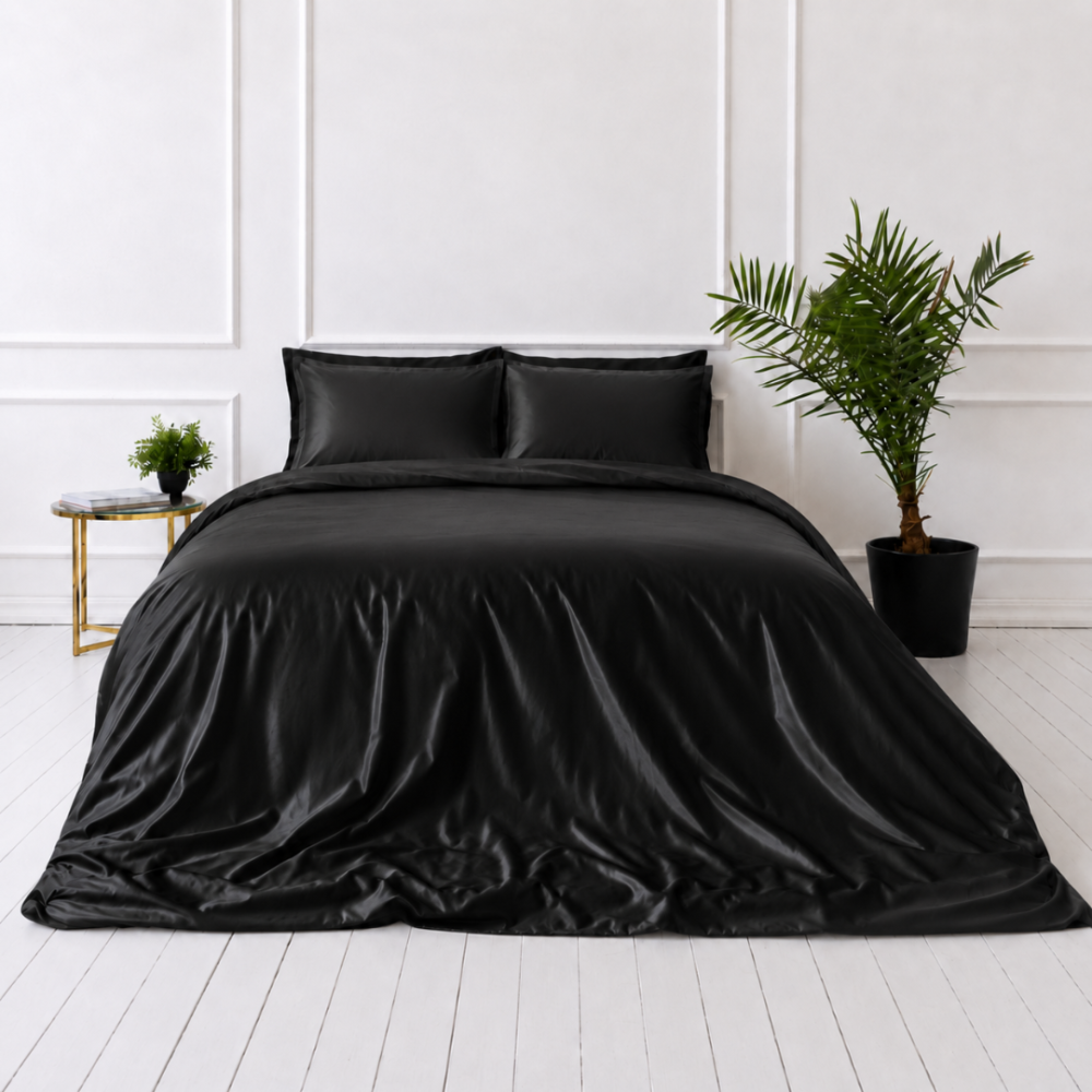Silkkiset vuodevaatteet „Onyx Silk“. Yksivärinen pussilakana, 200x220 cm. Elegantti musta silkkipussilakanasarja runsalla kiillolla ja sileällä pinnalla.