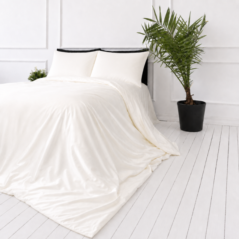 Silkkiset vuodevaatteet „Pearl White Silk“. Yksivärinen pussilakana, 200x220 cm. Elegantti kermainen vuodevaatesetti silkkisellä kiillolla.