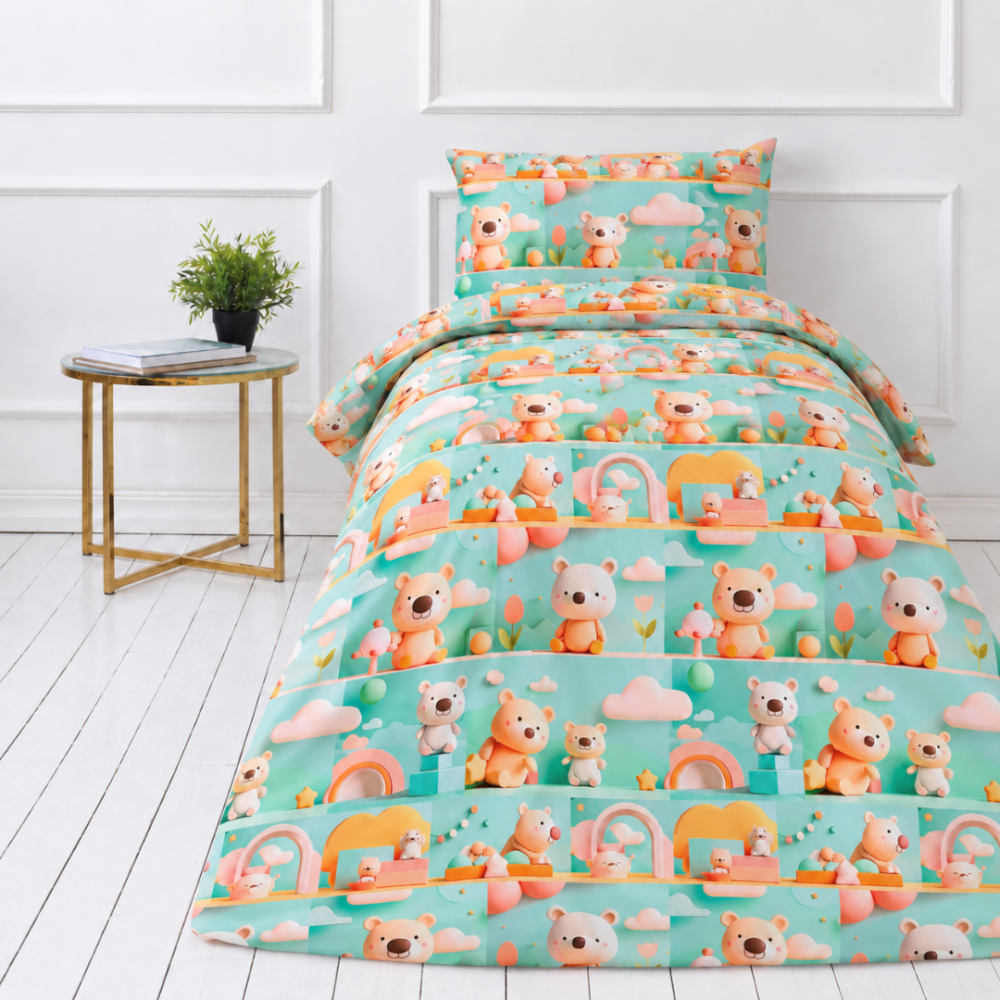 Lasten pussilakanasetti „Bear Adventure“. Eläinkuosi pussilakanasetti, 140x200 cm, 150x210 cm, 160x200 cm