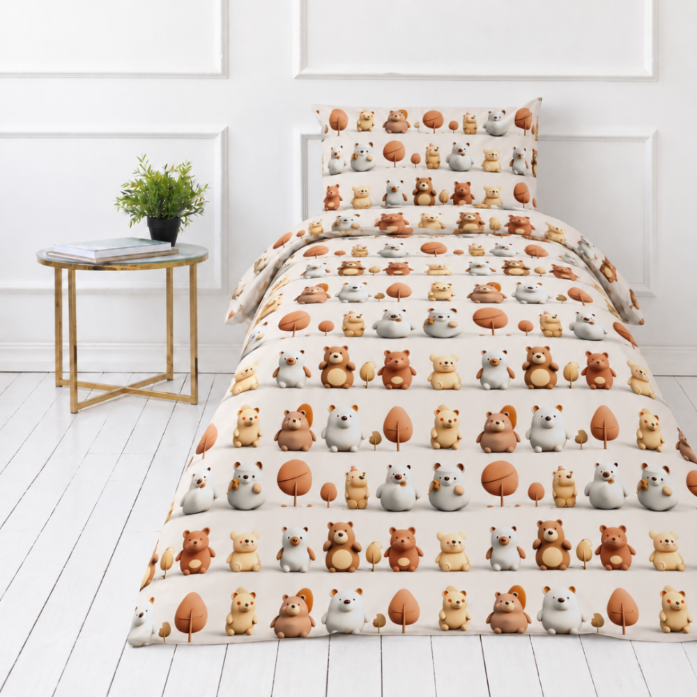 Lasten pussilakanasetti „Besties“. Eläinkuosi pussilakanasetti, 140x200 cm, 150x210 cm, 160x200 cm. Vaalea kermanvärinen vuodevaate leikkisillä monivärisillä karhuilla ja puilla.