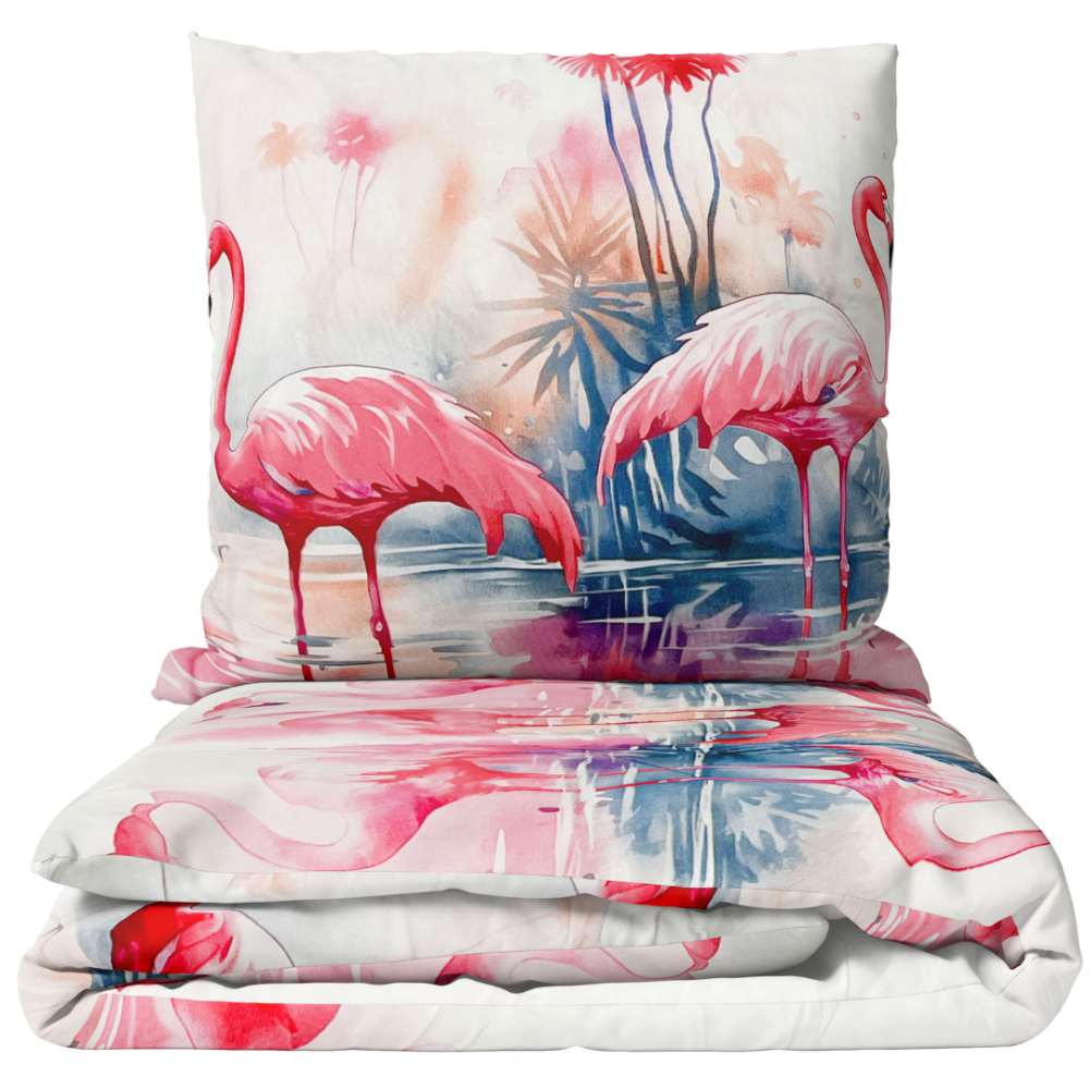 Lasten pussilakanasetti „Flamingo Paradise“. Lasten pussilakanasetti, 140x200 cm. Lasten vuodevaatesetti vaaleanpunaisilla flamingoilla valkoisella taustalla, luoden rauhallisen ja leikkisän tunnelman.