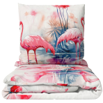 Lasten pussilakanasetti „Flamingo Paradise“. Lasten pussilakanasetti, 140x200 cm. Lasten vuodevaatesetti vaaleanpunaisilla flamingoilla valkoisella taustalla, luoden rauhallisen ja leikkisän tunnelman.