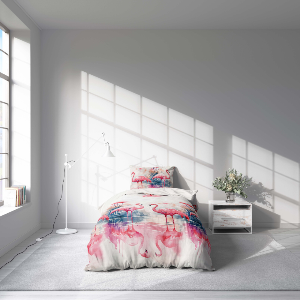 Lasten pussilakanasetti „Flamingo Paradise“. Lasten pussilakanasetti, 140x200 cm. Kukat ja trooppiset palmut yhdessä flamingojen kanssa luovat lämpimän ja iloisen suunnittelun, joka sopii täydellisesti lasten makuuhuoneeseen.