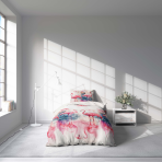 Lasten pussilakanasetti „Flamingo Paradise“. Lasten pussilakanasetti, 140x200 cm. Kukat ja trooppiset palmut yhdessä flamingojen kanssa luovat lämpimän ja iloisen suunnittelun, joka sopii täydellisesti lasten makuuhuoneeseen.