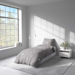 Pussilakanasetti „Lunar Sheep“. Harmaa pussilakanasetti, 140x200 cm, 150x210 cm, 160x200 cm. Vaaleanharmaa vuodevaate minimalistisella lammasaiheella