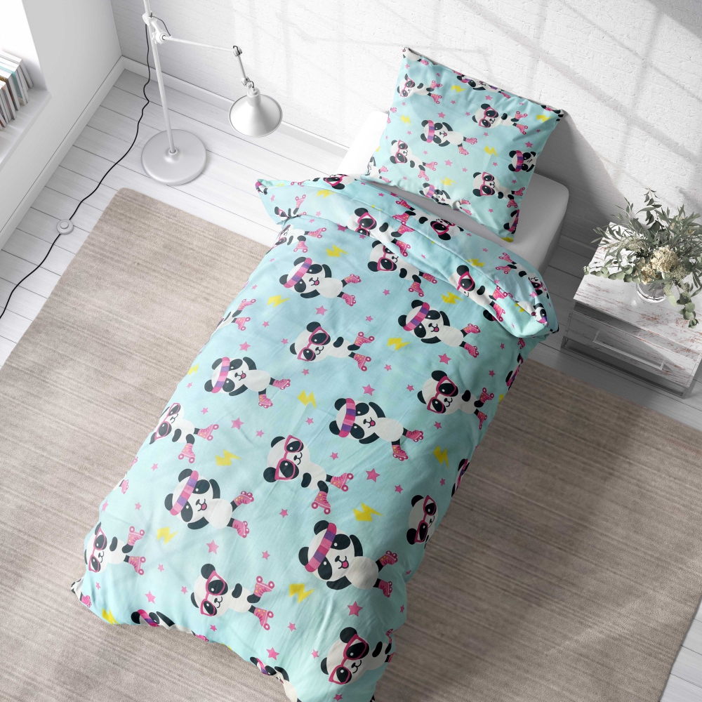 Lasten pussilakanasetti „Panda Blue“. Lasten pussilakanasetti, 140x200 cm