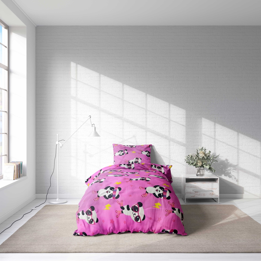Lasten pussilakanasetti „Panda Pink“. Lasten pussilakanasetti, 140x200 cm