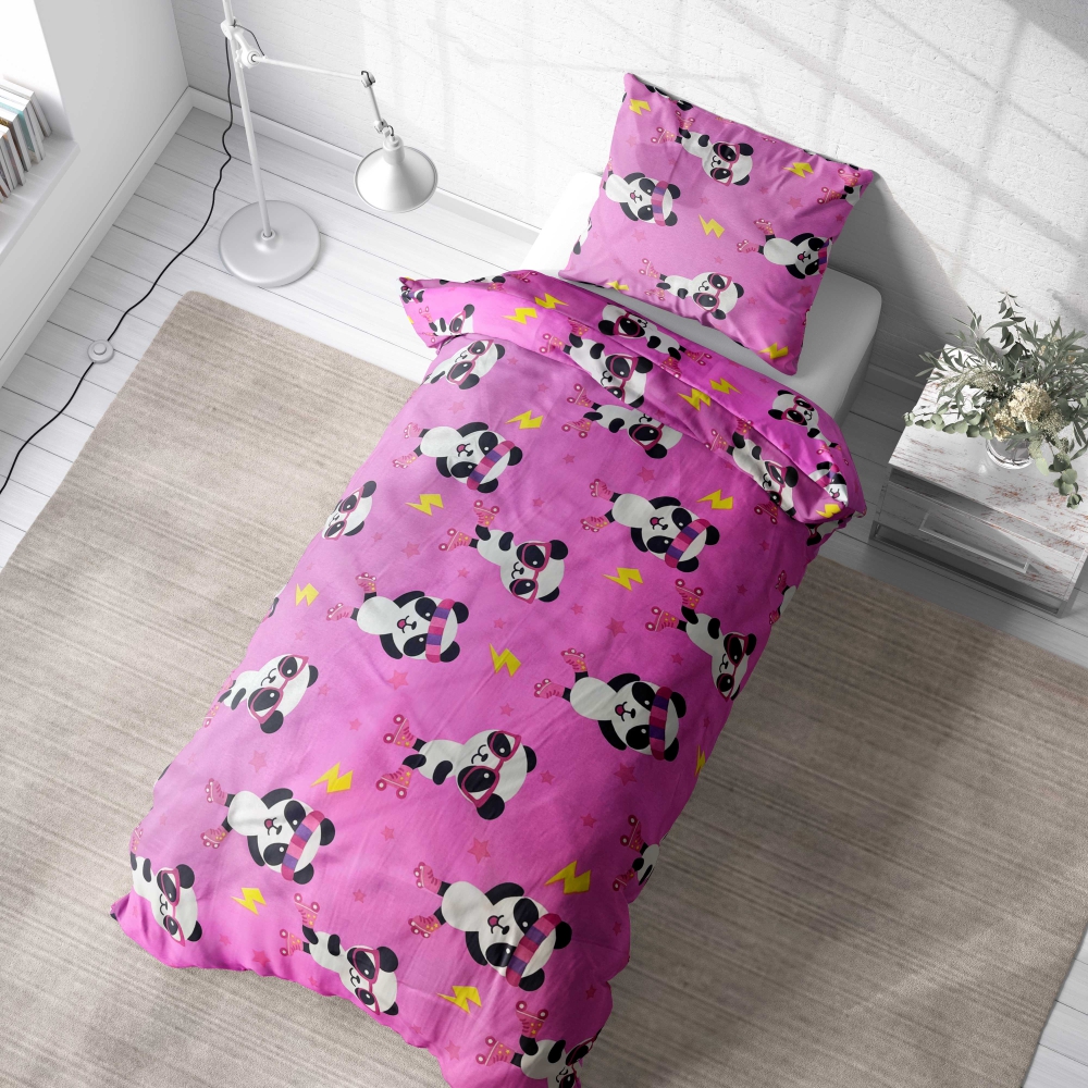 Lasten pussilakanasetti „Panda Pink“. Lasten pussilakanasetti, 140x200 cm