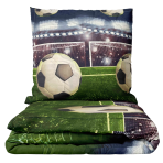 Lasten pussilakanasetti „Ultimate Goal“. Lasten pussilakanasetti, 140x200 cm. Jalkapallon pallot ja maalit stadionin valaistuksella – leikkisä ja energinen muotoilu lapsille.