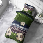 Lasten pussilakanasetti „Ultimate Goal“. Lasten pussilakanasetti, 140x200 cm. Jalkapalloteema kirkkaan vihreällä taustalla, valkoisilla palloilla ja maaleilla, täydellinen nuorille.
