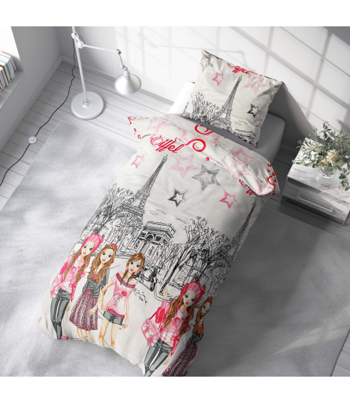Lasten pussilakanasetti „Eiffel red”. Lasten pussilakanasetti