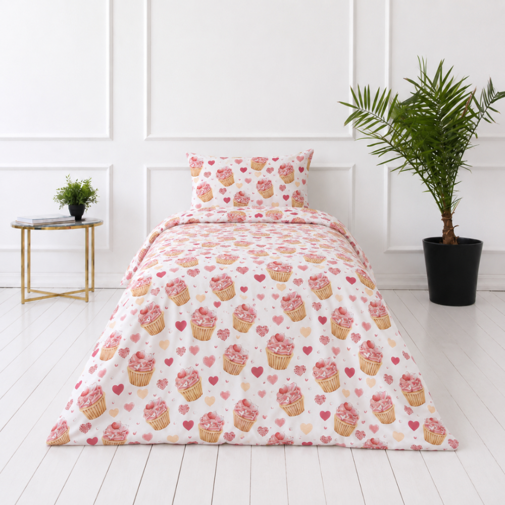 Lasten pussilakanasetti „Muffins“. Flanelli pussilakana, 100x140 cm, 140x200 cm, 150x210 cm, 160x200 cm. Valkoinen vuodevaatesetti vaaleanpunaisilla kuppikakku- ja sydänmotiiveilla Lasten pussilakanasetti „Muffins“. Flanelli pussilakana, 100x140 cm, 140x200 cm, 150x210 cm, 160x200 cm. Valkoinen vuodevaatesetti vaaleanpunaisilla kuppikakku- ja sydänmotiiveilla
