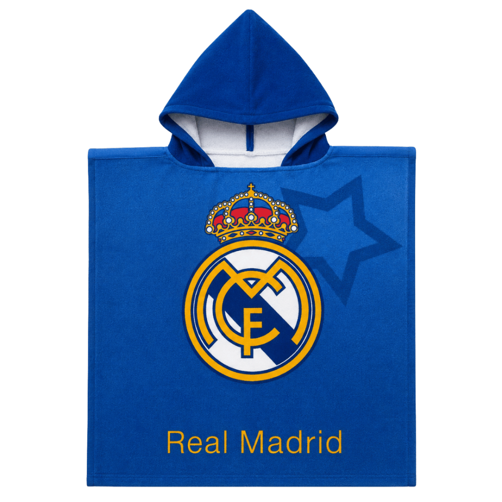 Lasten poncho „Real Madrid“. Kylpyhuone. Pehmeä puuvillainen lasten poncho ”real madrid” -emblemillä. Lasten poncho „Real Madrid“. Kylpyhuone. Pehmeä puuvillainen lasten poncho ”real madrid” -emblemillä.