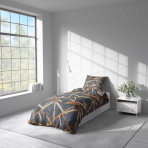 Pussilakanasetti „Zafirion“. Harmaa pussilakanasetti, 140x200 cm, 150x210 cm, 160x200 cm. Grafiitin sävyinen vuodevaatesetti kultaisilla geometrisilla raidoilla.