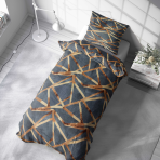 Pussilakanasetti „Zafirion“. Harmaa pussilakanasetti, 140x200 cm, 150x210 cm, 160x200 cm. Tumma vuodevaatesetti epäsäännöllisellä kultaisella linjakoristeella.