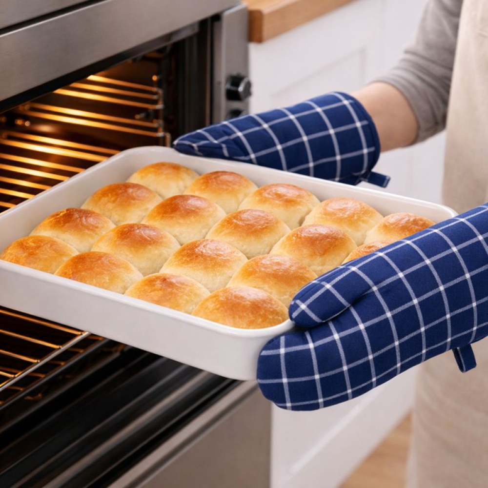 Patakinnas „Ocean Shade glove“. Uunikintaat. Puuvillainen uunikinnas sinisellä ja valkoisella ruutukuviolla