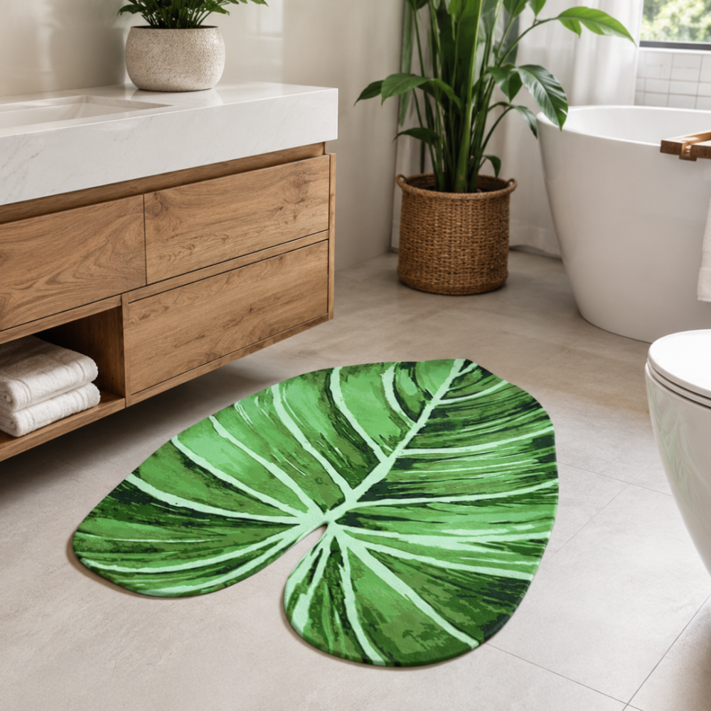 Kylpyhuoneen matto „Leaf mat“, 58x88 cm. Näyttävä kylpyhuonematto suurella trooppisen lehden kuviolla ja vihreän sävyisellä designilla.