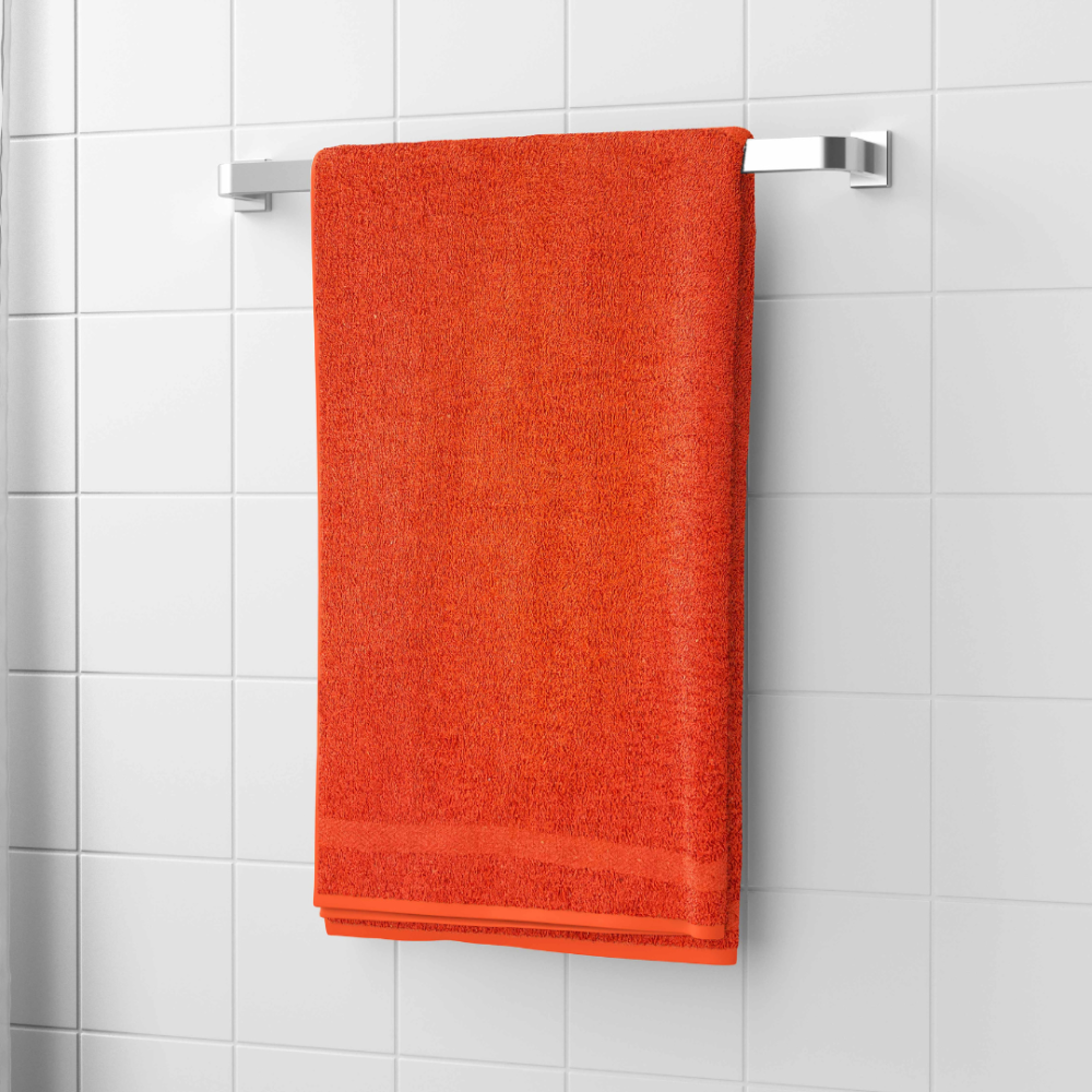 Kylpypyyhe „Orange Economic Towel“. Pyyhkeet, 60x35 cm, 100x45 cm. Oranssi pyyhe hienolla koristeraidalla alaosassa.