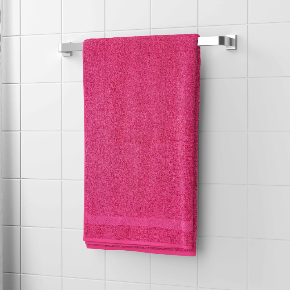 Kylpypyyhe „Raspberry Economic Towel“. Pyyhkeet, 60x35 cm, 100x45 cm. Vaaleanpunainen pyyhe hienolla saumalla alaosassa