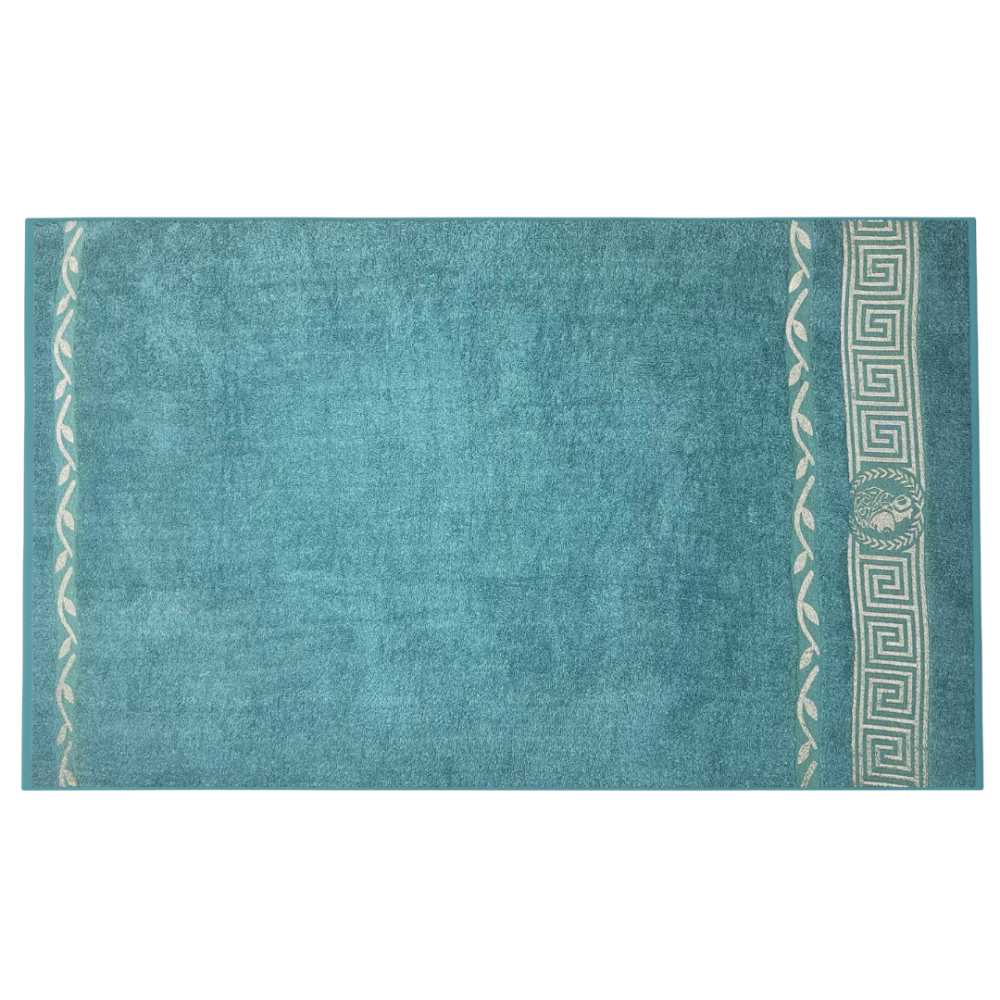 Kylpypyyhe „Seafoam olympian“. Pyyhkeet, 70x140 cm. Kirkkaan turkoosinsininen pyyhe klassisella kultaisella ornamenttiraitalla